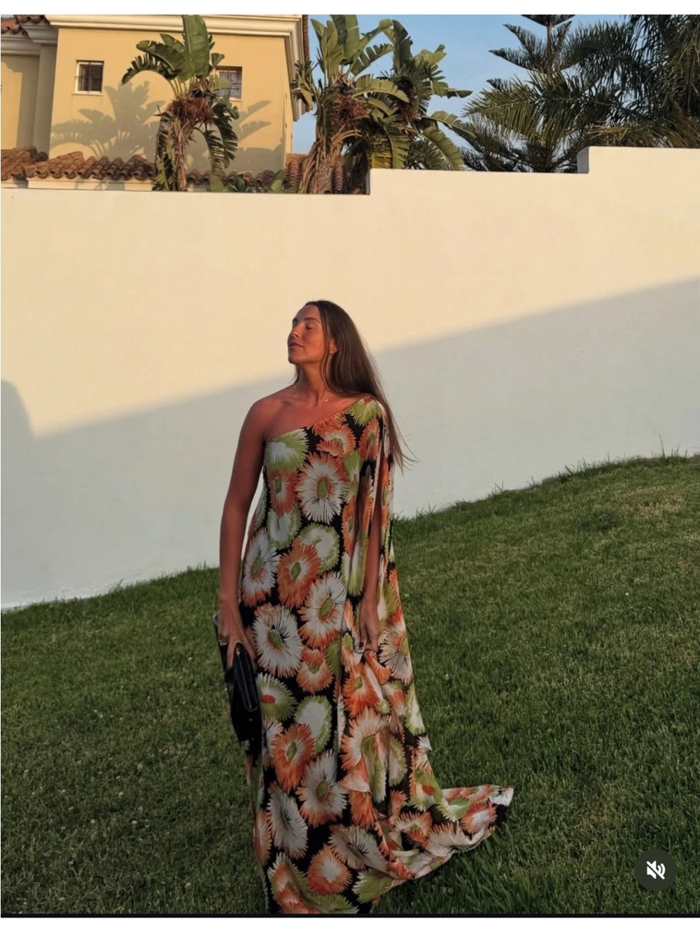 Zara One-Shoulder Floral Maxi/midi  Dress in Black, Coral & Green